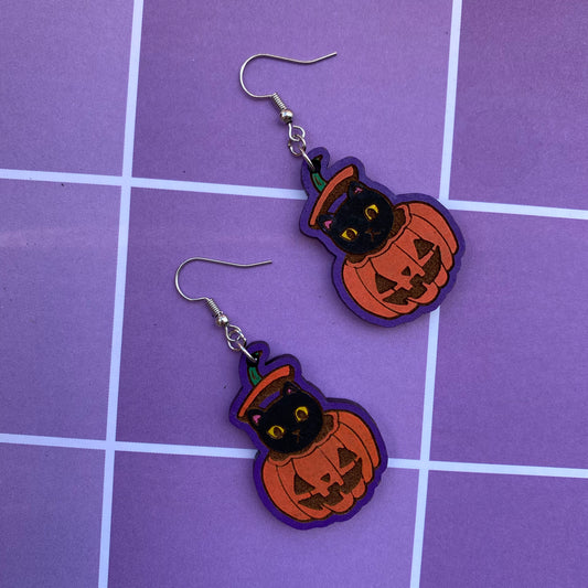 Black Cat in Jack-o-Lantern Wood Earrings