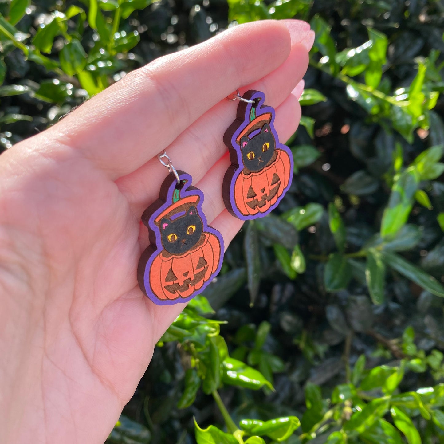 Black Cat in Jack-o-Lantern Wood Earrings