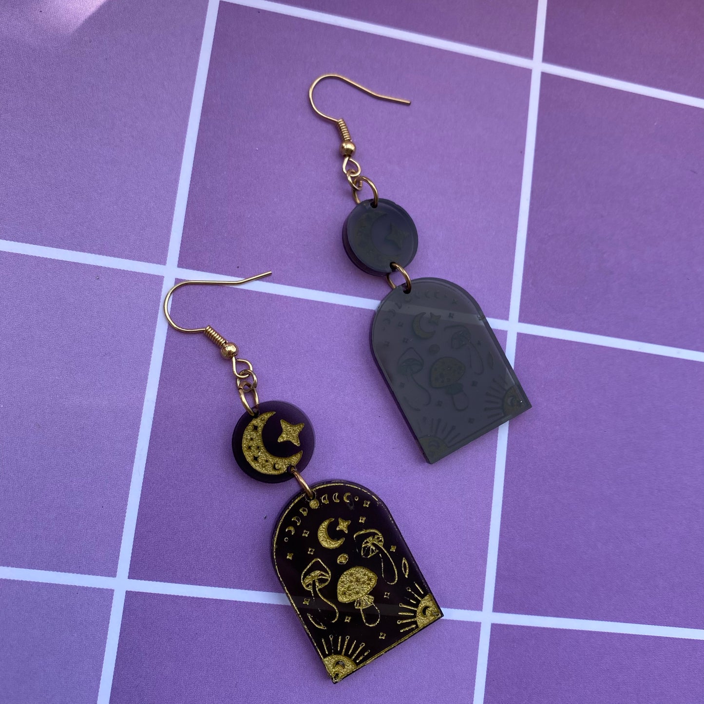 Moon, Stars, and Mushrooms Acrylic Earrings