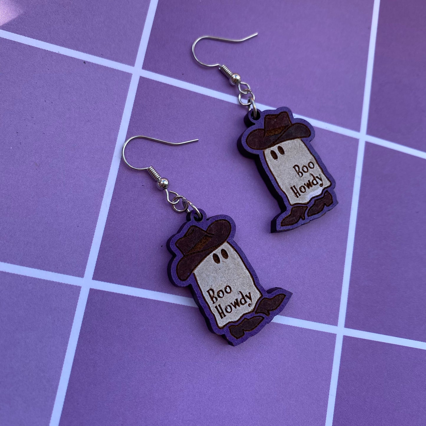 Boo Howdy~ Cowboy Ghost Wood Earrings