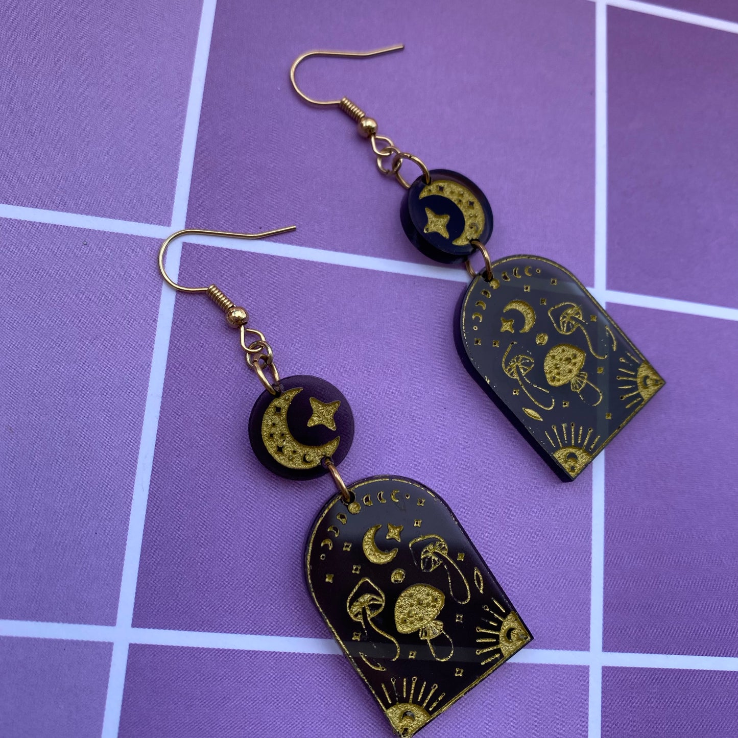 Moon, Stars, and Mushrooms Acrylic Earrings