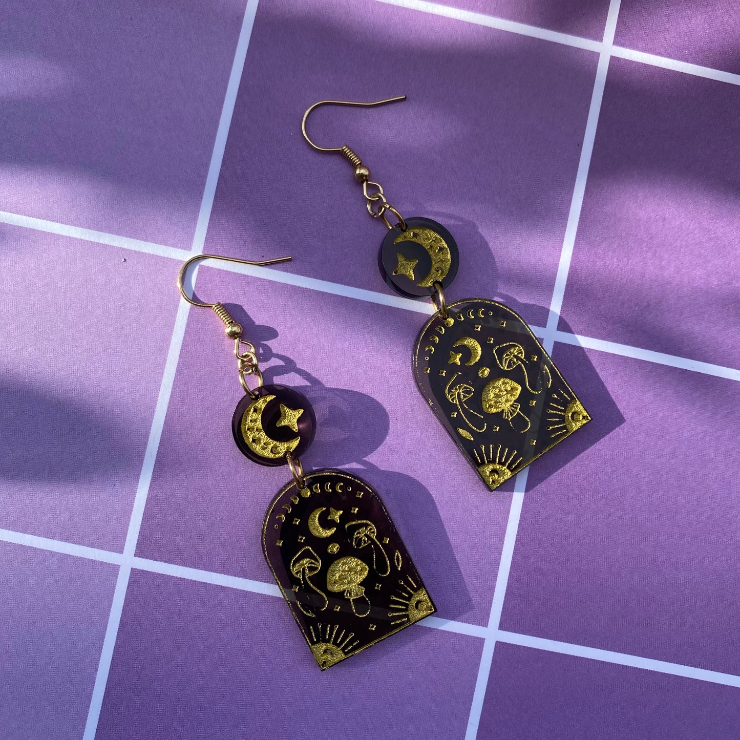Moon, Stars, and Mushrooms Acrylic Earrings