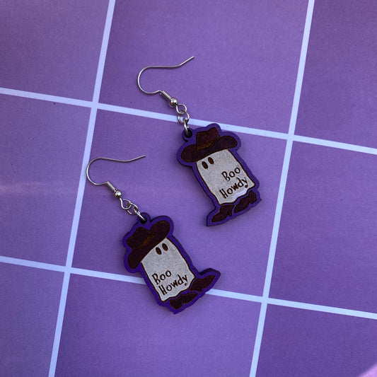 Boo Howdy~ Cowboy Ghost Wood Earrings