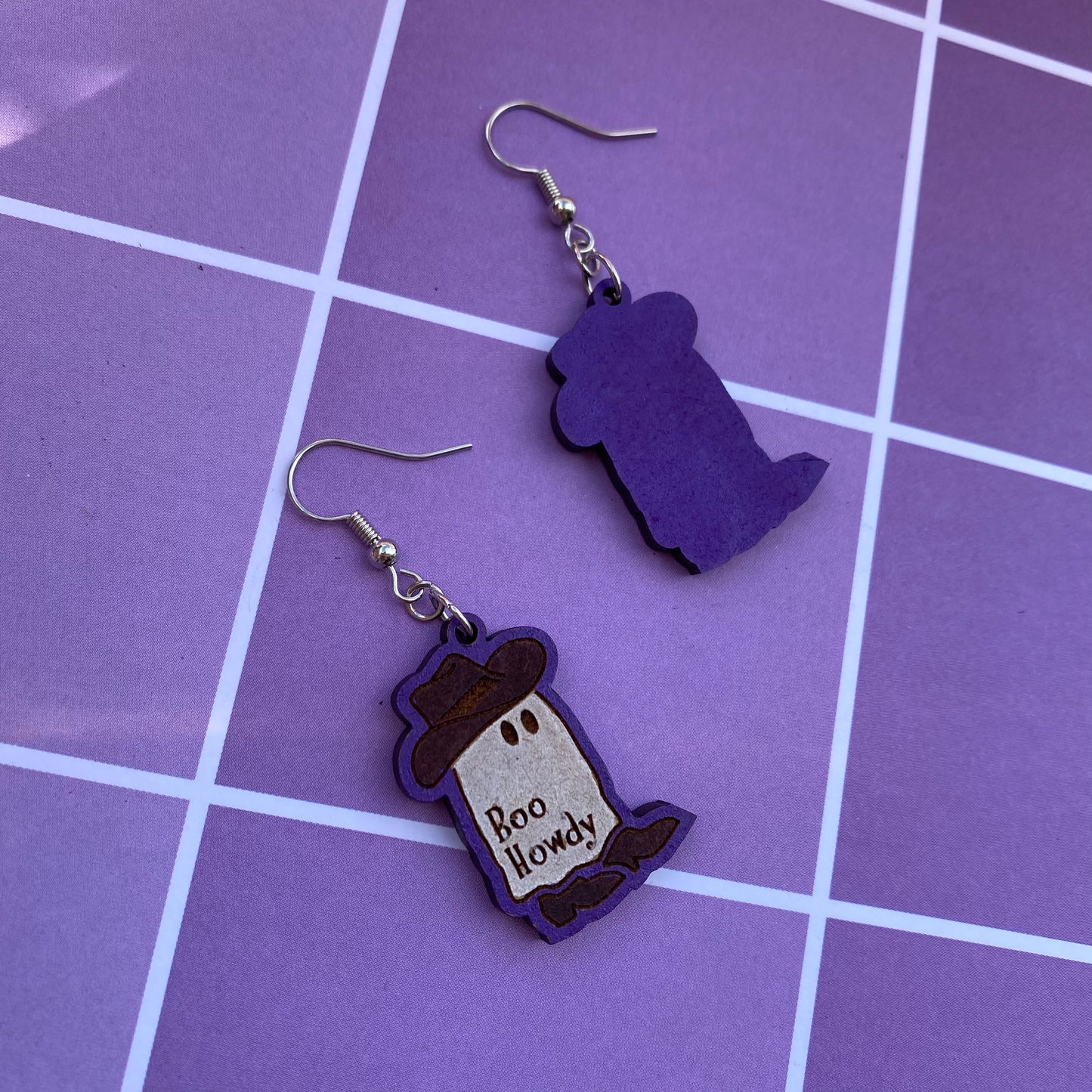 Boo Howdy~ Cowboy Ghost Wood Earrings