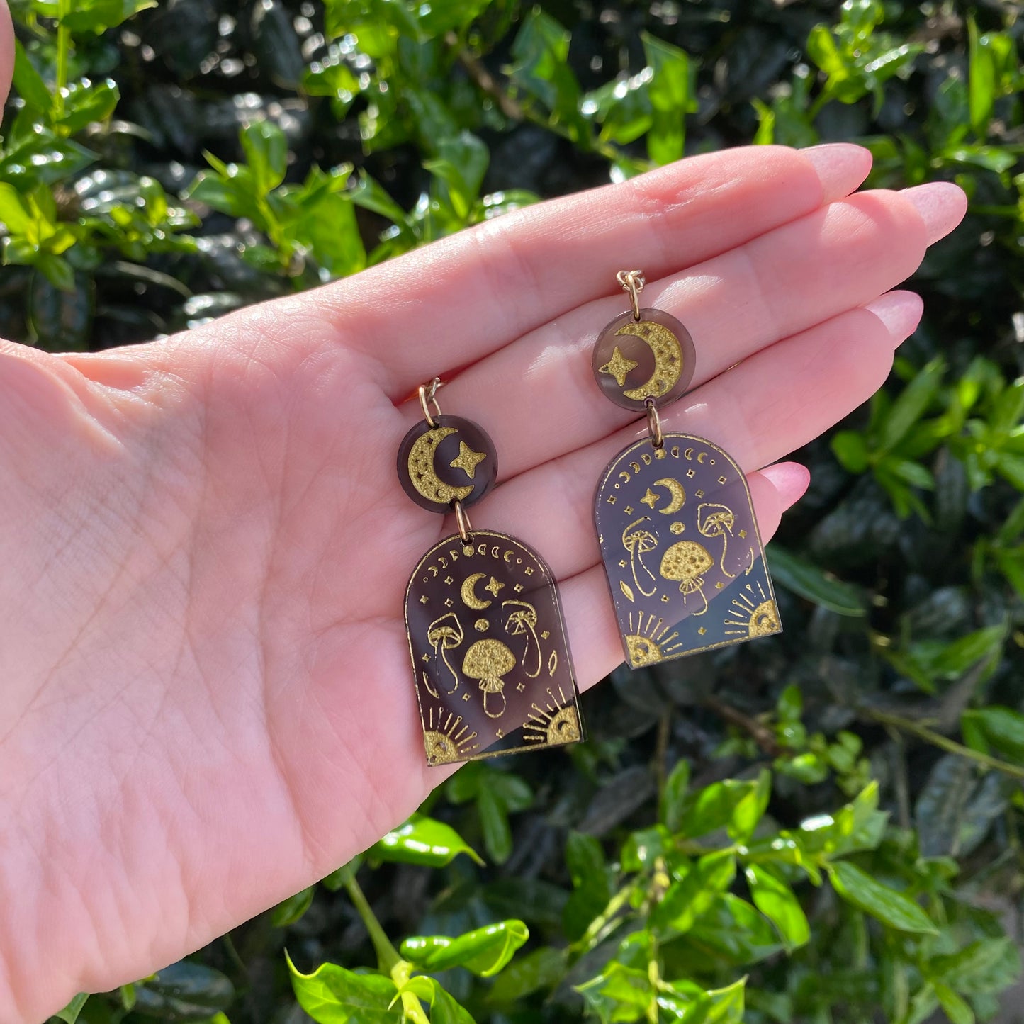 Moon, Stars, and Mushrooms Acrylic Earrings