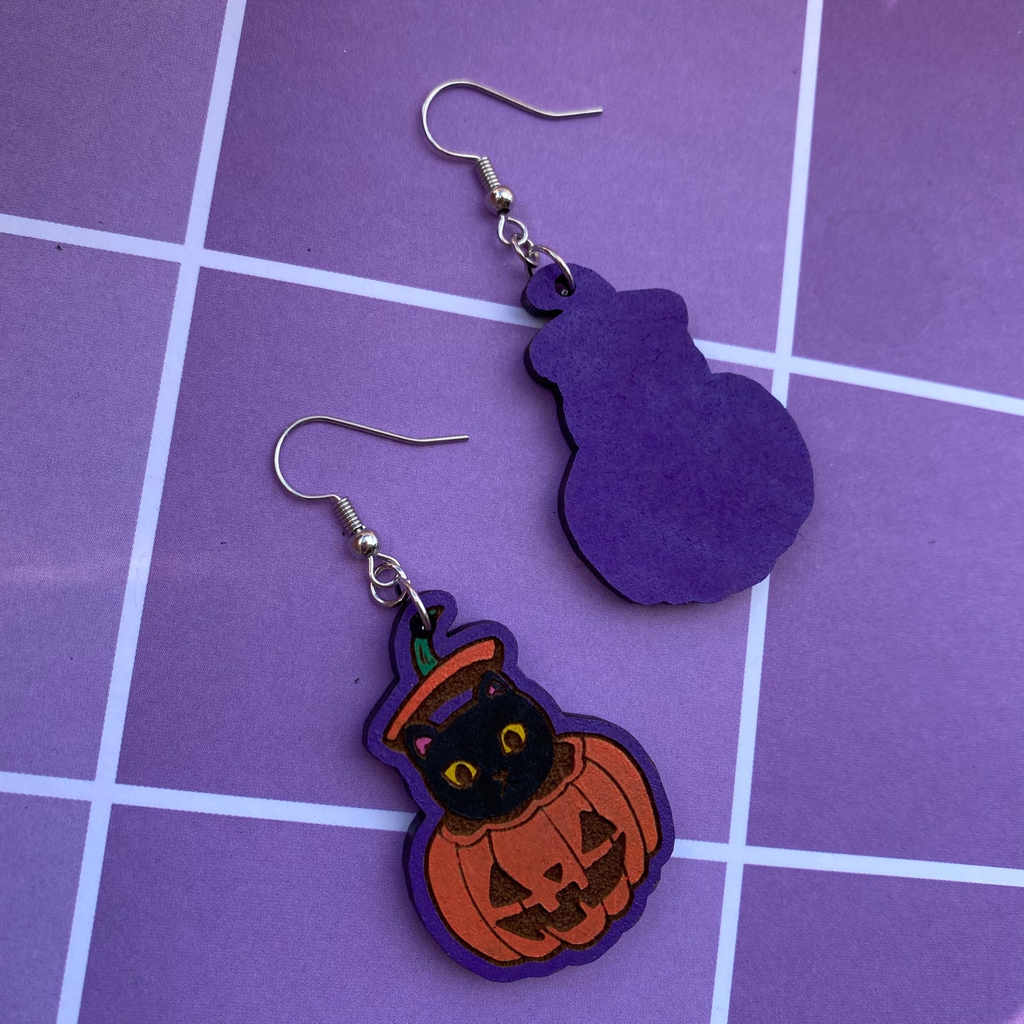 Black Cat in Jack-o-Lantern Wood Earrings