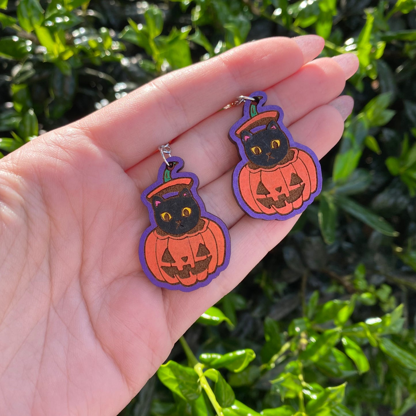 Black Cat in Jack-o-Lantern Wood Earrings