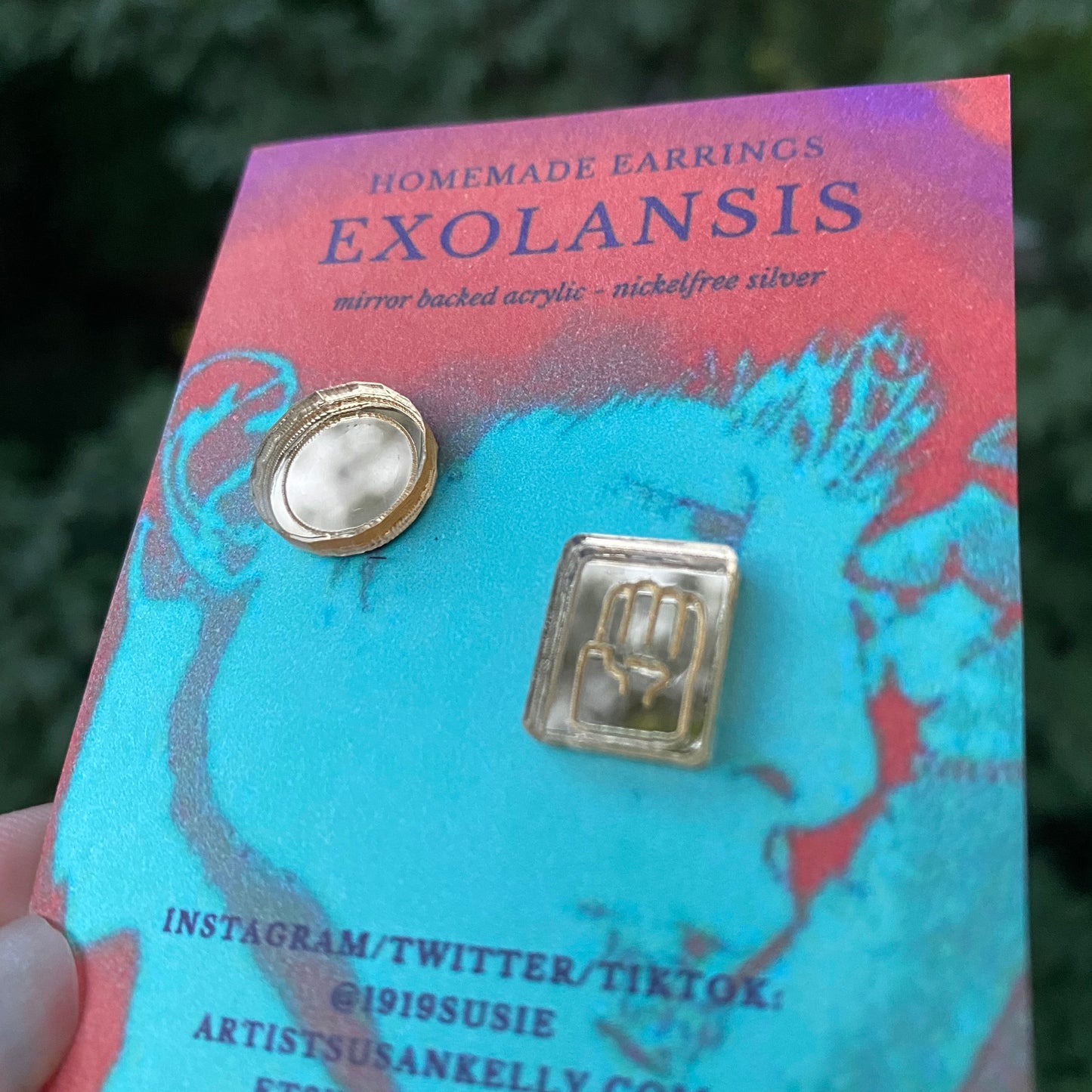 Bizarre Hand and Coin Mirror Backed Earrings