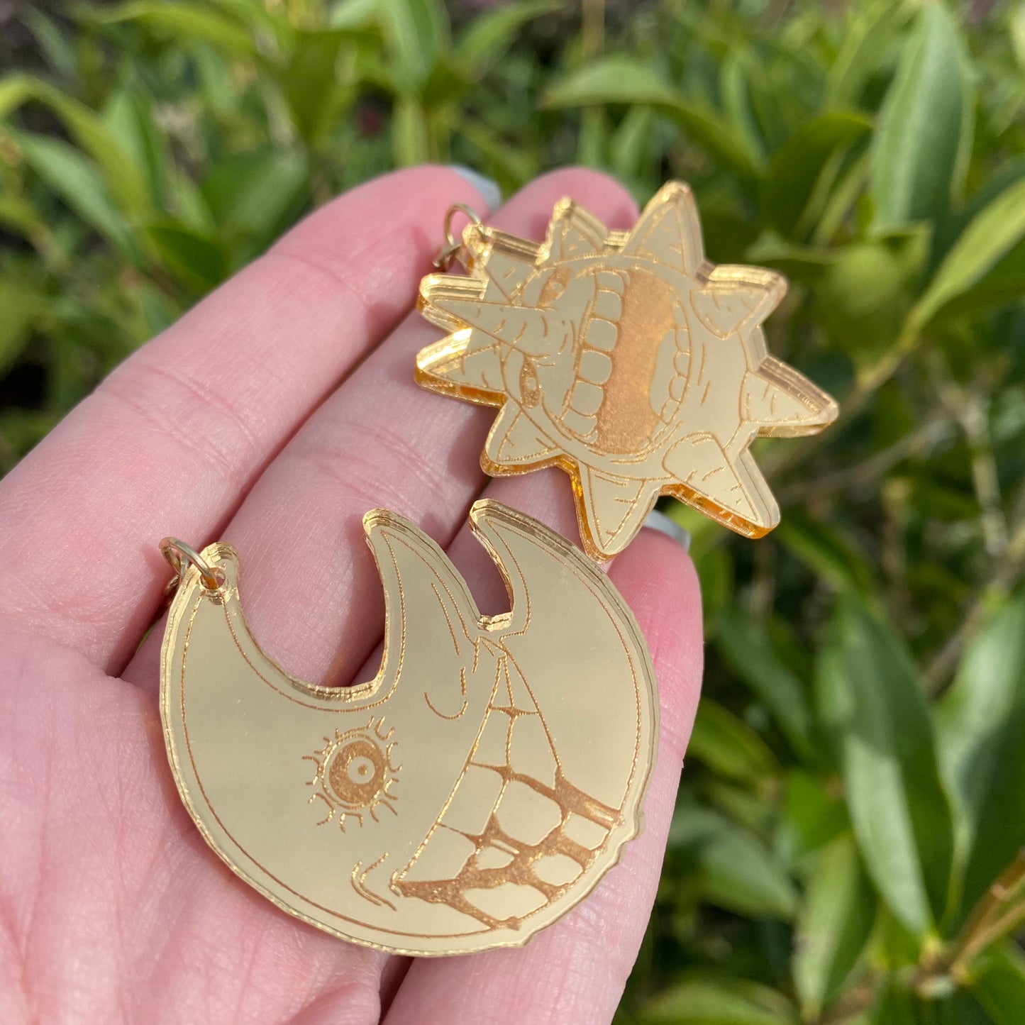 Laughing Sun and Moon Gold Mirrored Acrylic Earrings