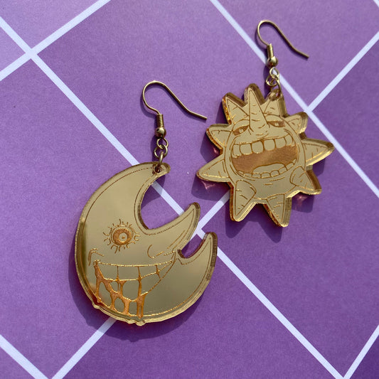 Laughing Sun and Moon Gold Mirrored Acrylic Earrings