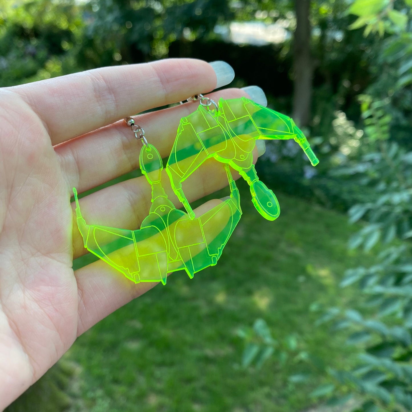Neon Green Cloaked Bird of Prey Klingon Ship Acrylic Earrings