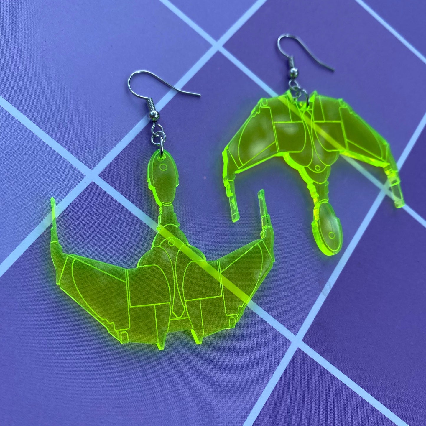 Neon Green Cloaked Bird of Prey Klingon Ship Acrylic Earrings