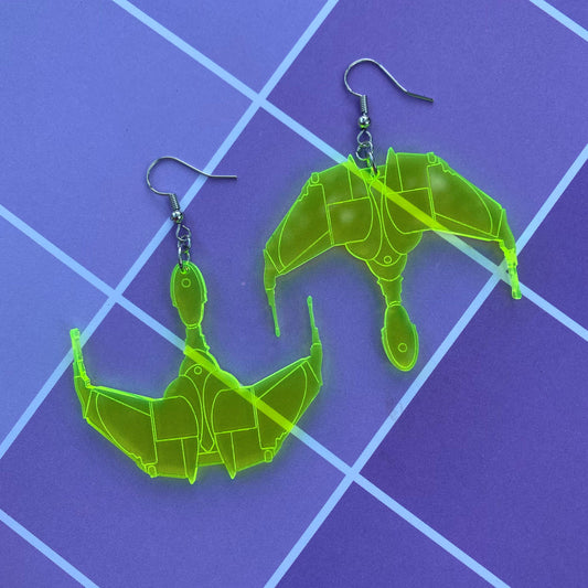 Neon Green Cloaked Bird of Prey Klingon Ship Acrylic Earrings