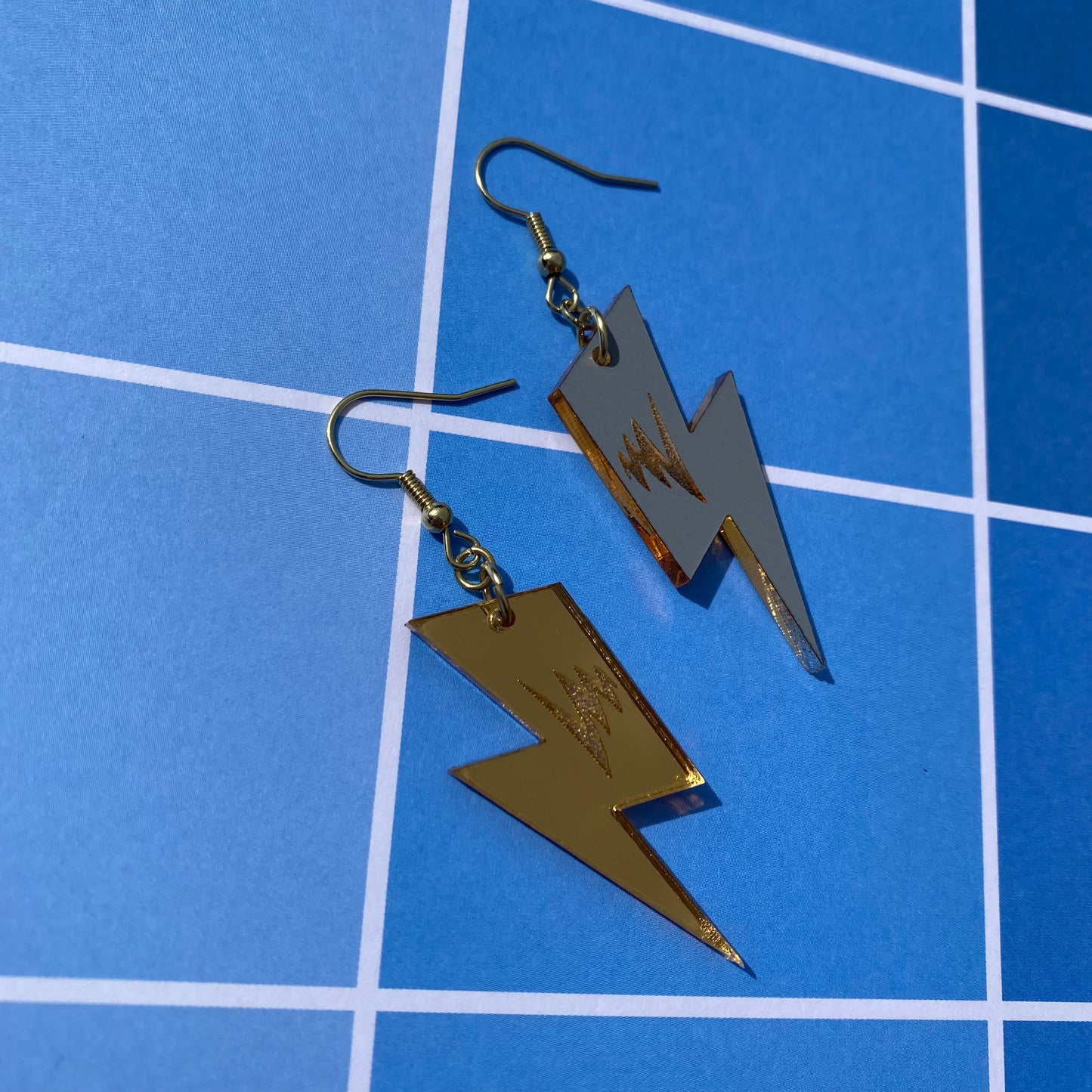 Lightning Bolt Denki Inspired Gold Mirror Acrylic Earrings
