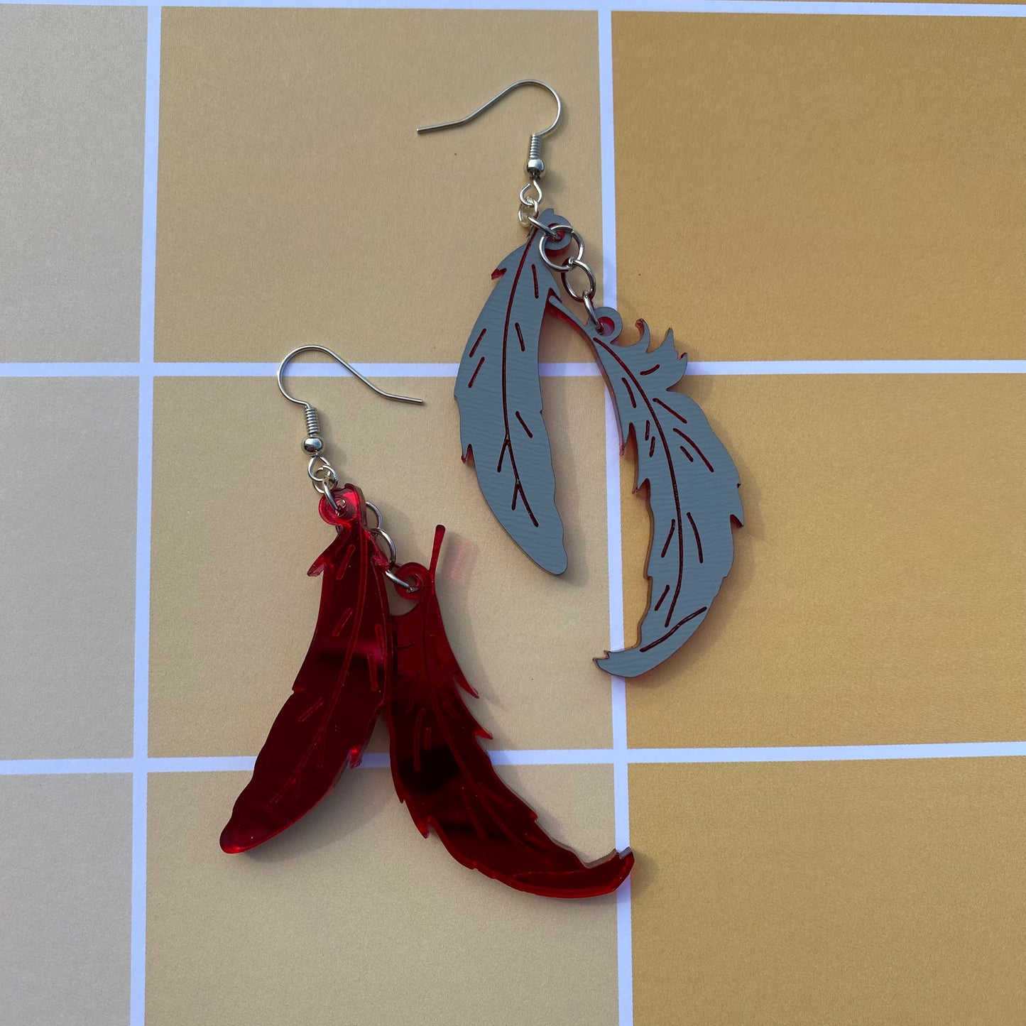 Mirrored Red Hawks Feathers Acrylic Earrings