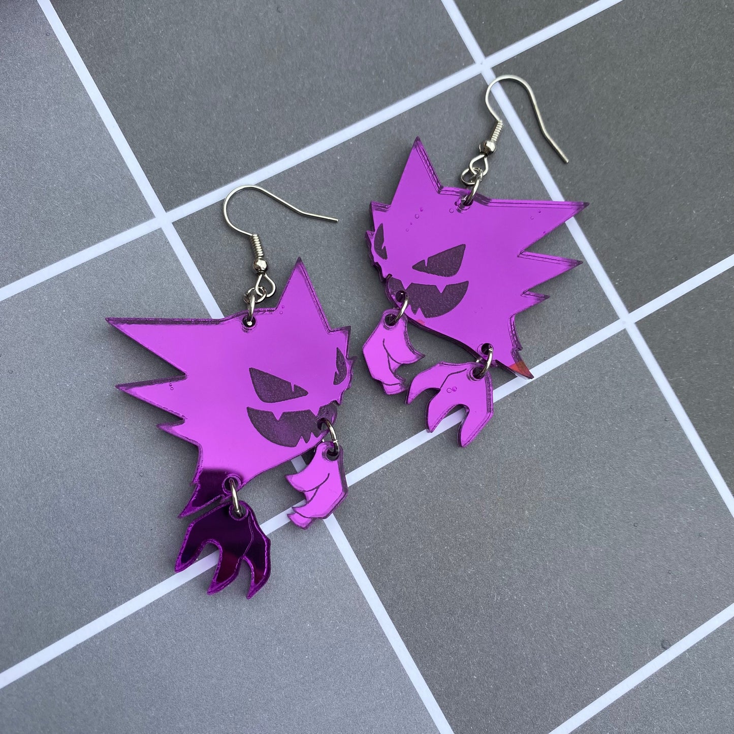 Haunter Dangly Hands Purple Mirror Small Acrylic Earrings