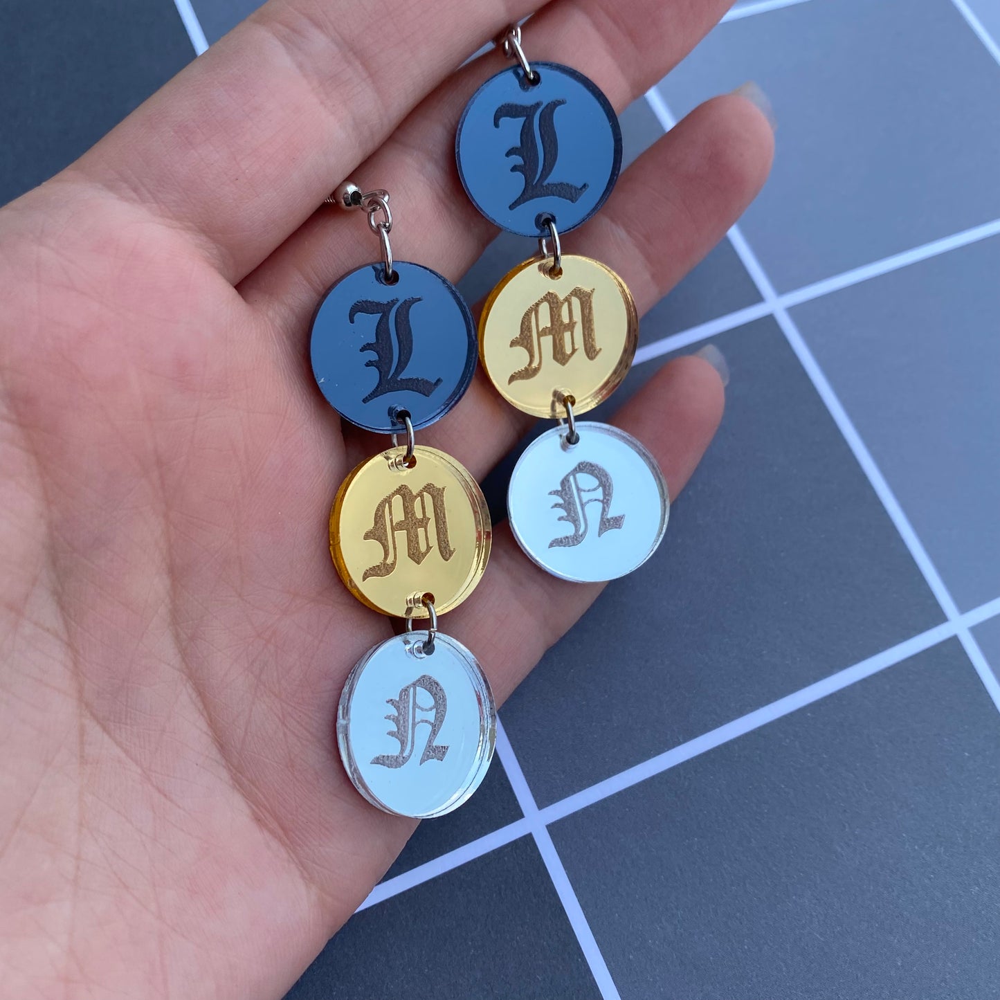 Chain of Letters L, M, N Mirrored Acrylic Earrings