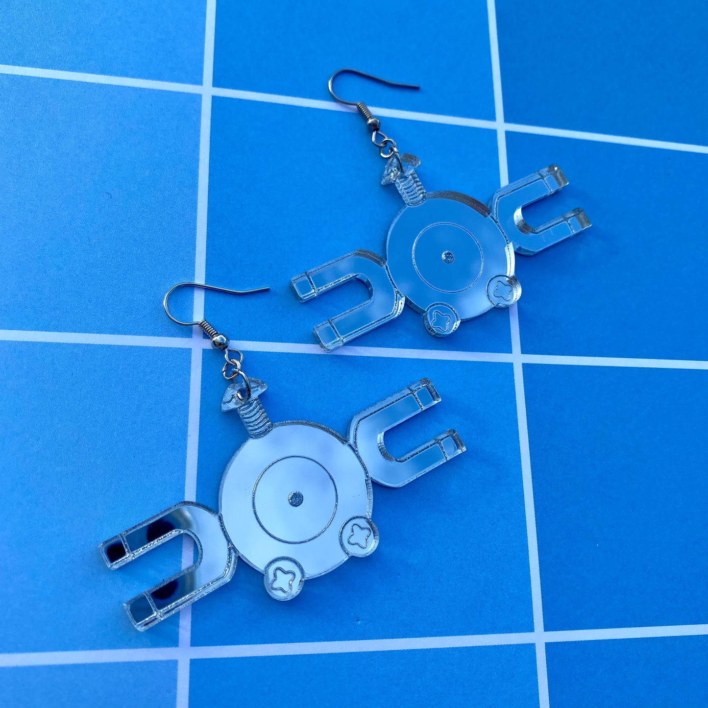 Magnemite Large Silver Acrylic Earrings