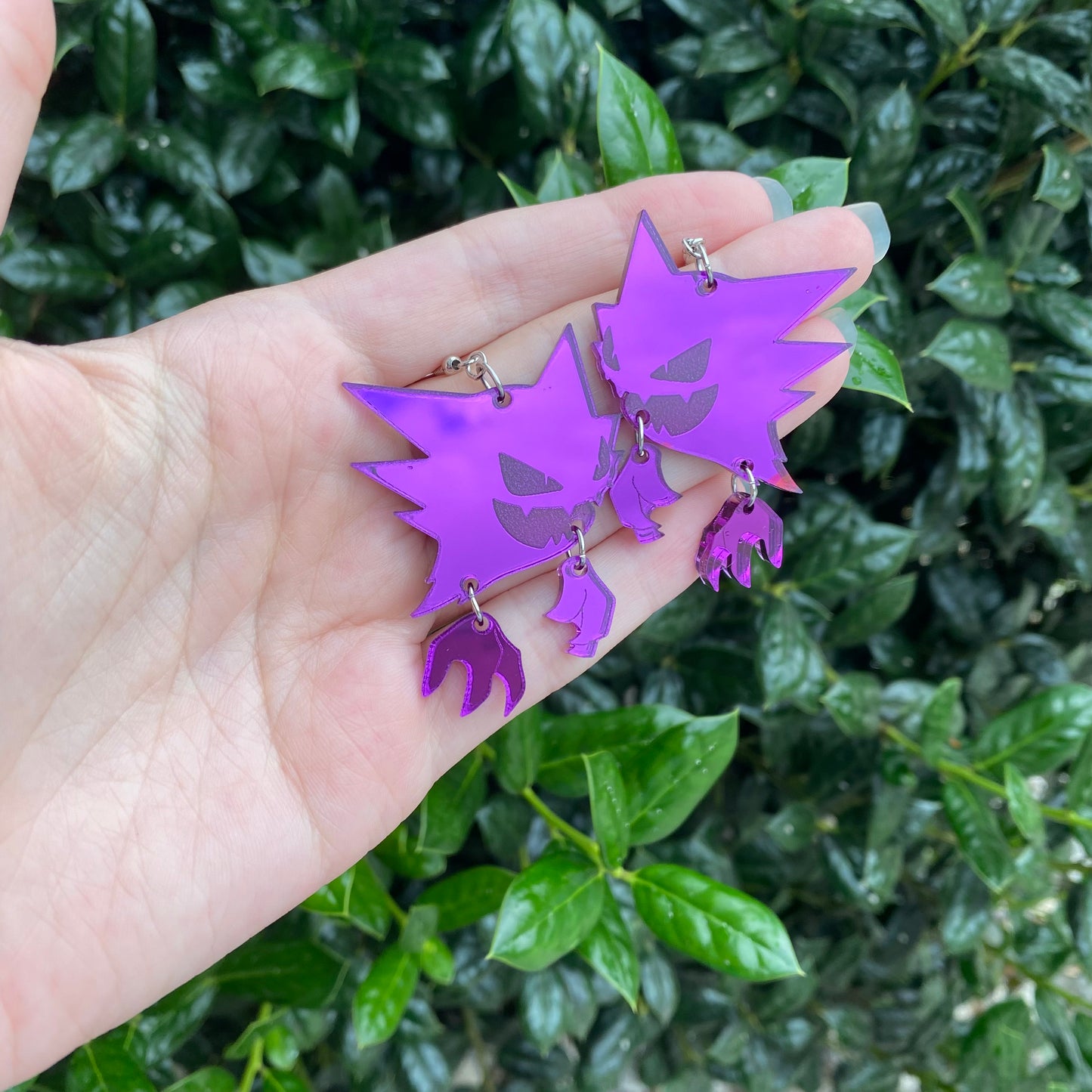 Haunter Dangly Hands Purple Mirror Small Acrylic Earrings