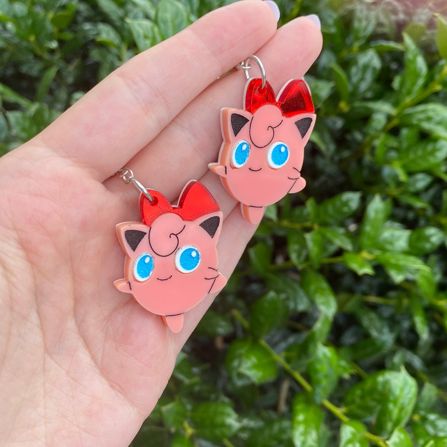 Jigglypuff with Red Bow Acrylic Earrings