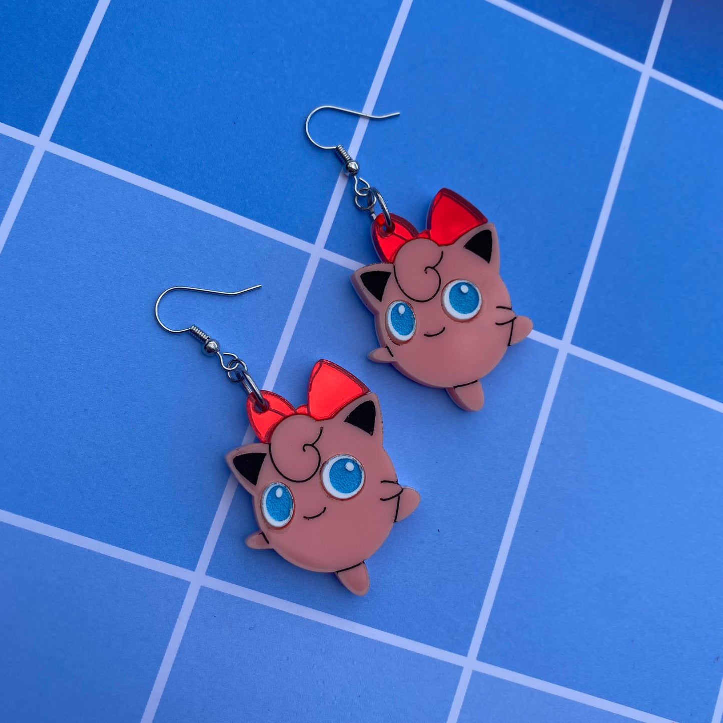 Jigglypuff with Red Bow Acrylic Earrings