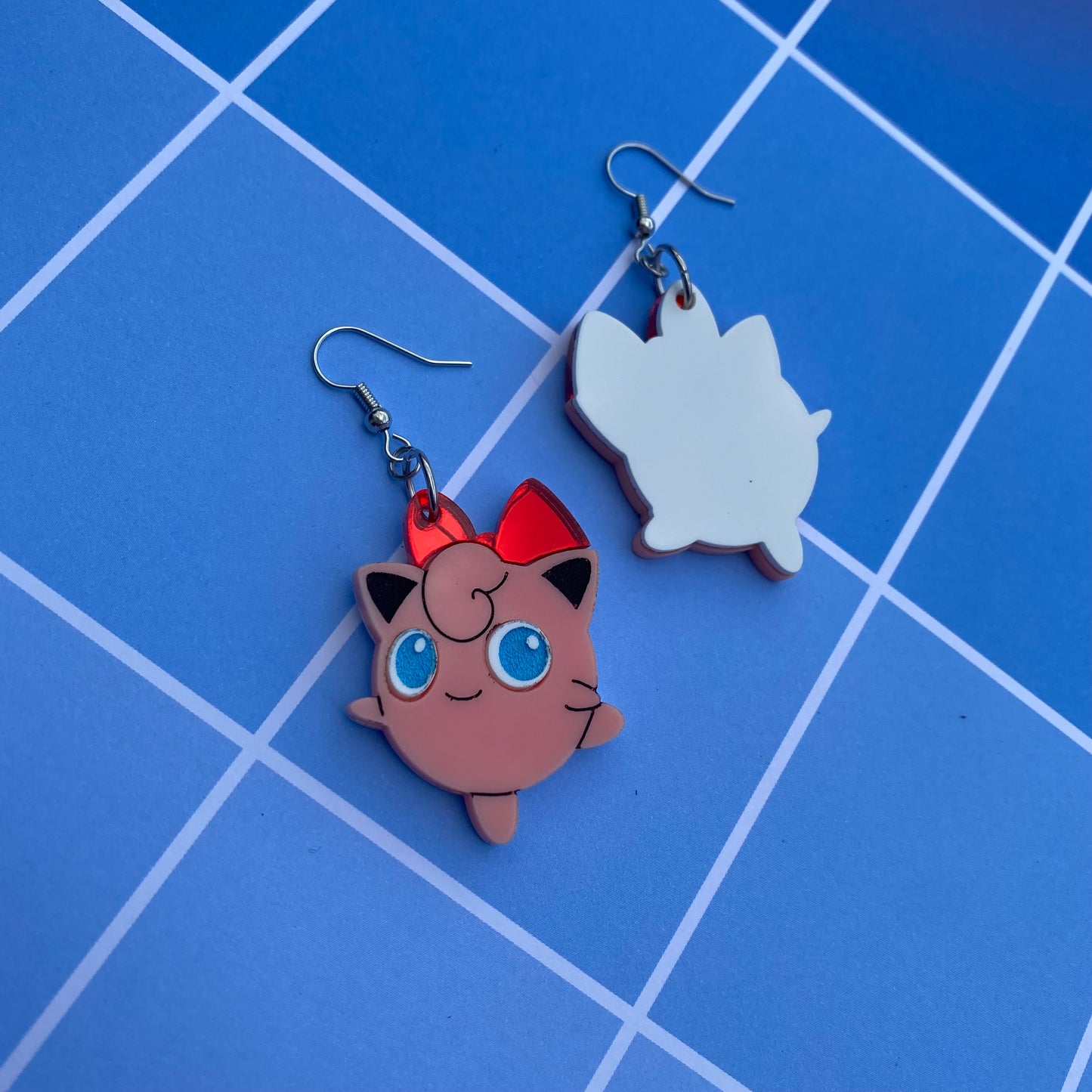 Jigglypuff with Red Bow Acrylic Earrings