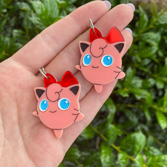 Jigglypuff with Red Bow Acrylic Earrings