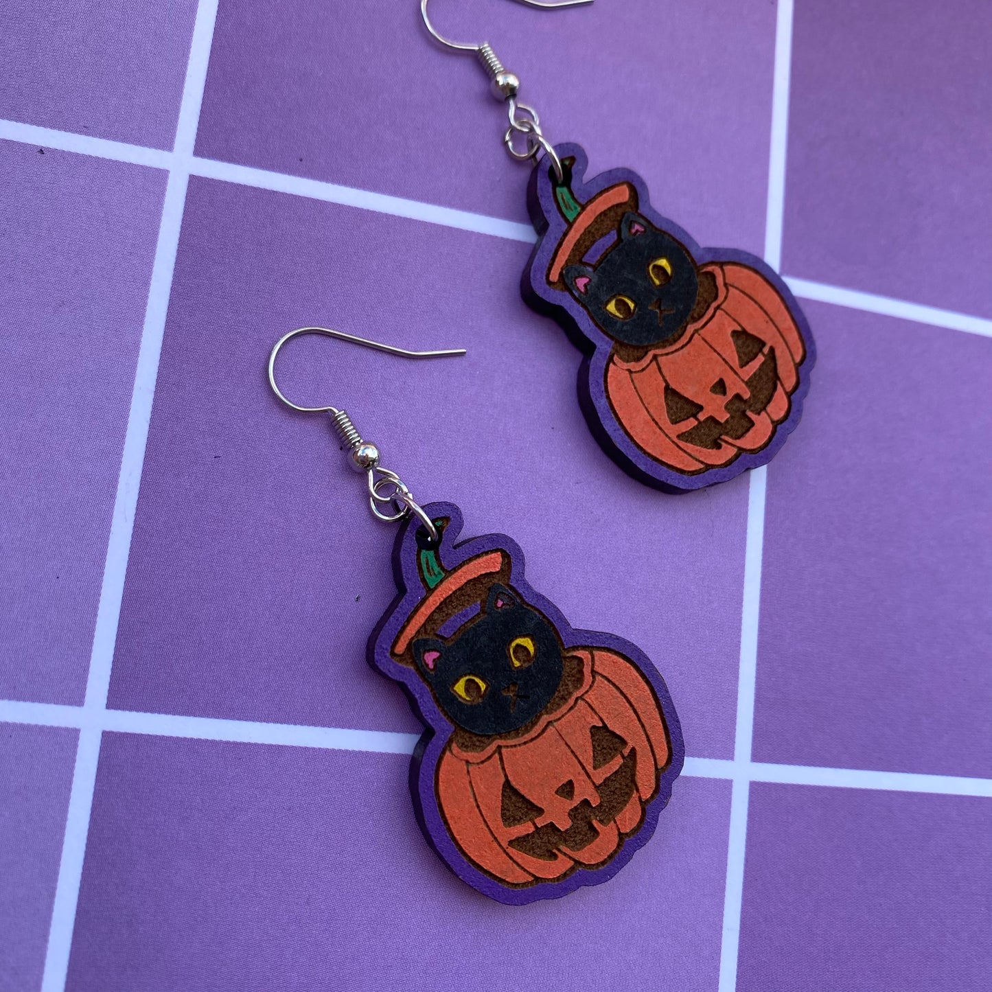 Black Cat in Jack-o-Lantern Wood Earrings