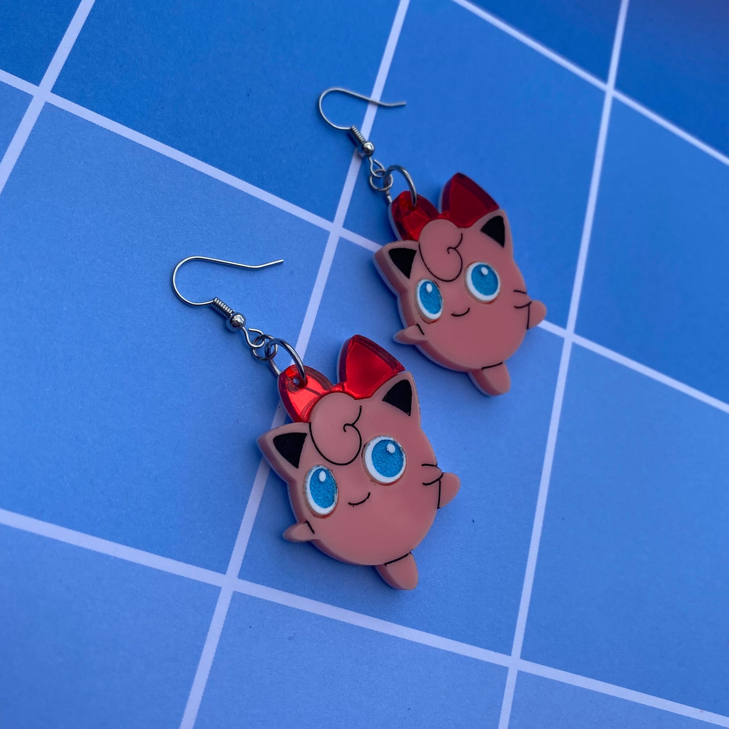 Jigglypuff with Red Bow Acrylic Earrings