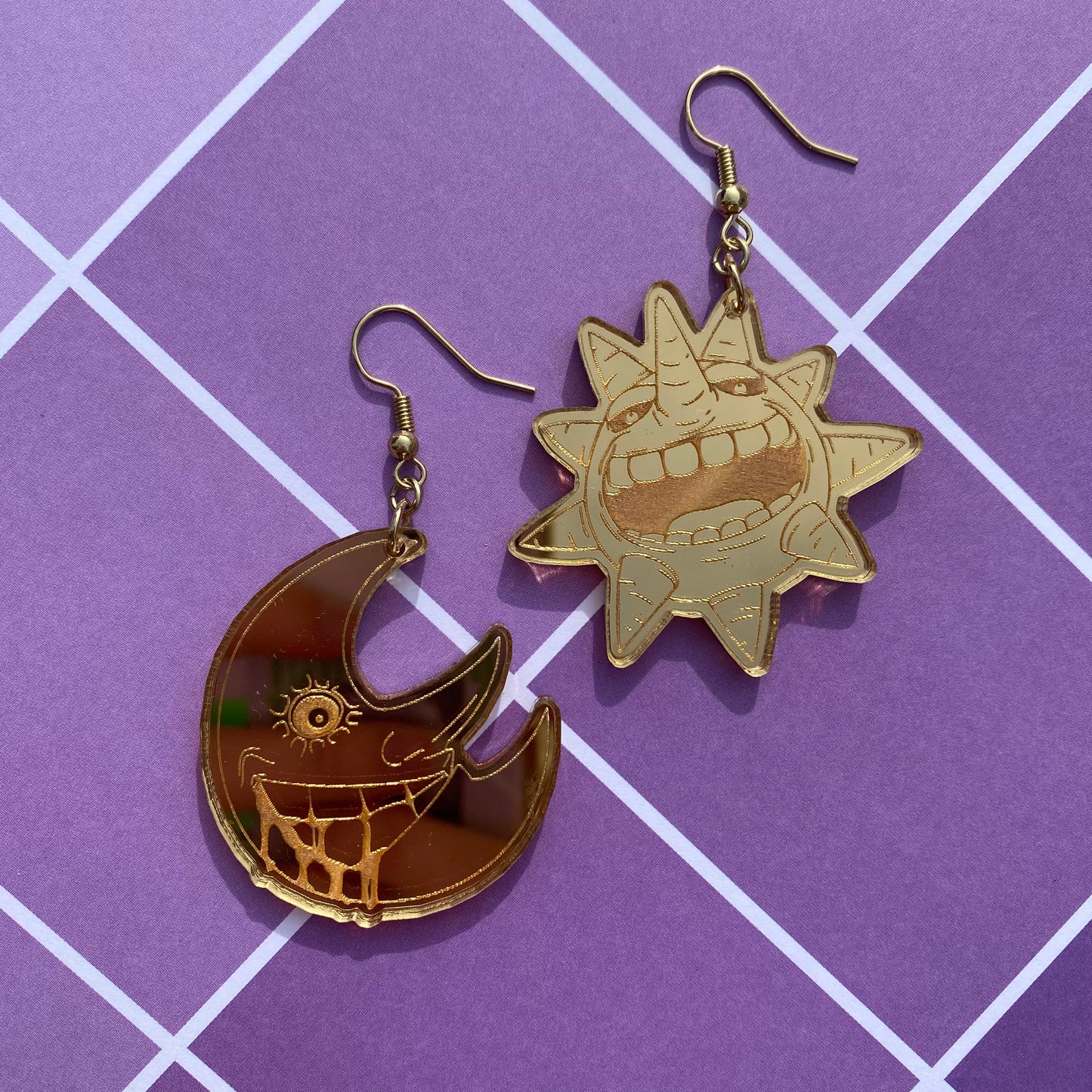 Laughing Sun and Moon Gold Mirrored Acrylic Earrings