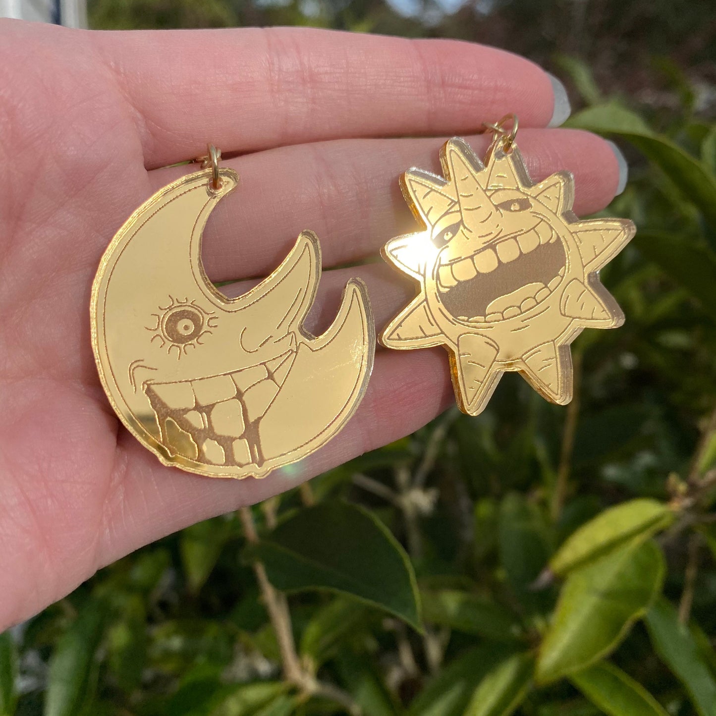 Laughing Sun and Moon Gold Mirrored Acrylic Earrings