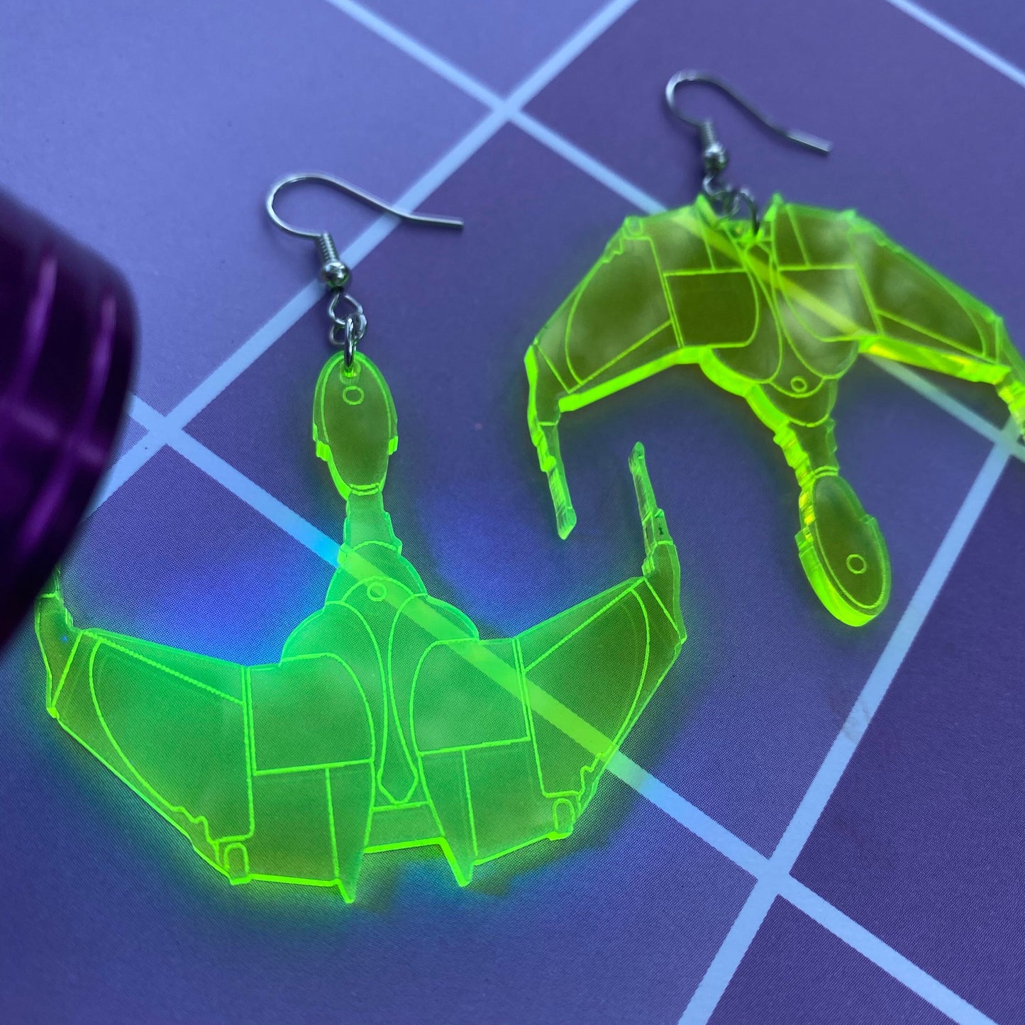 Neon Green Cloaked Bird of Prey Klingon Ship Acrylic Earrings