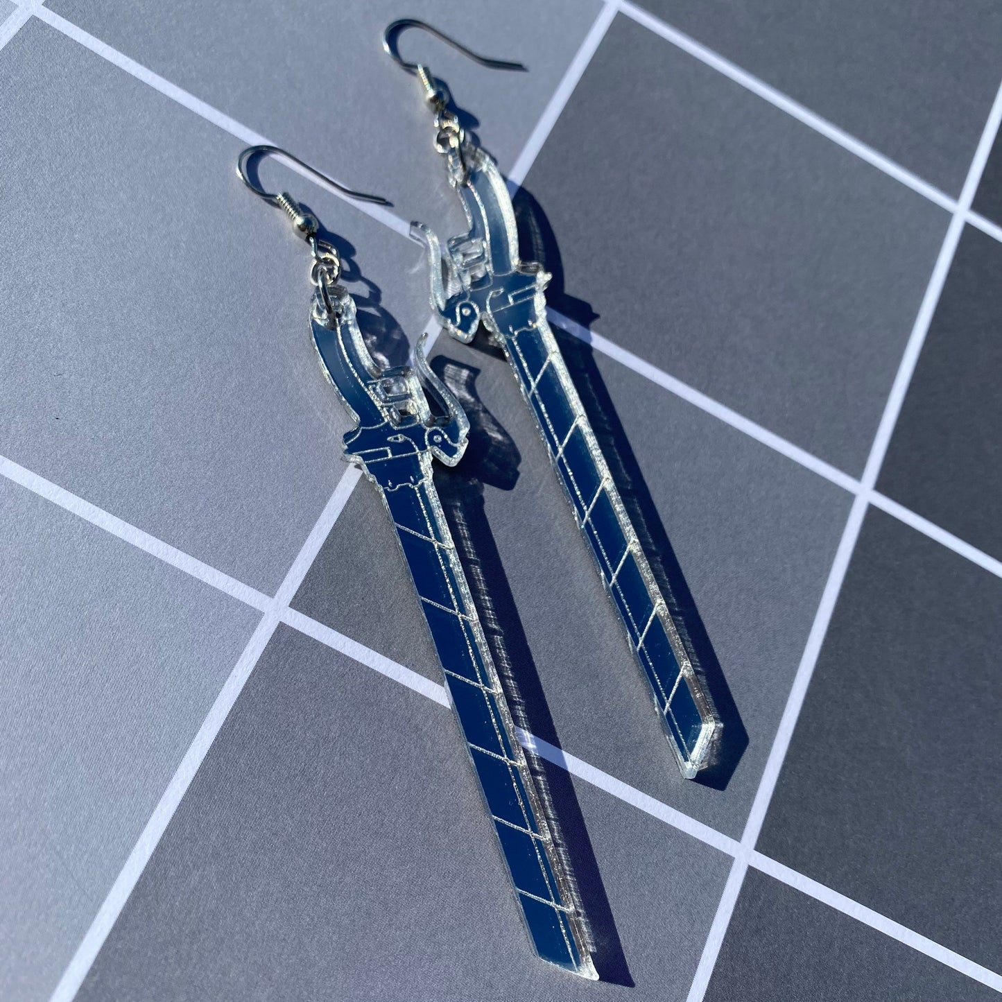 Large 3” Silver Blade Mirror Backed Acrylic Earrings