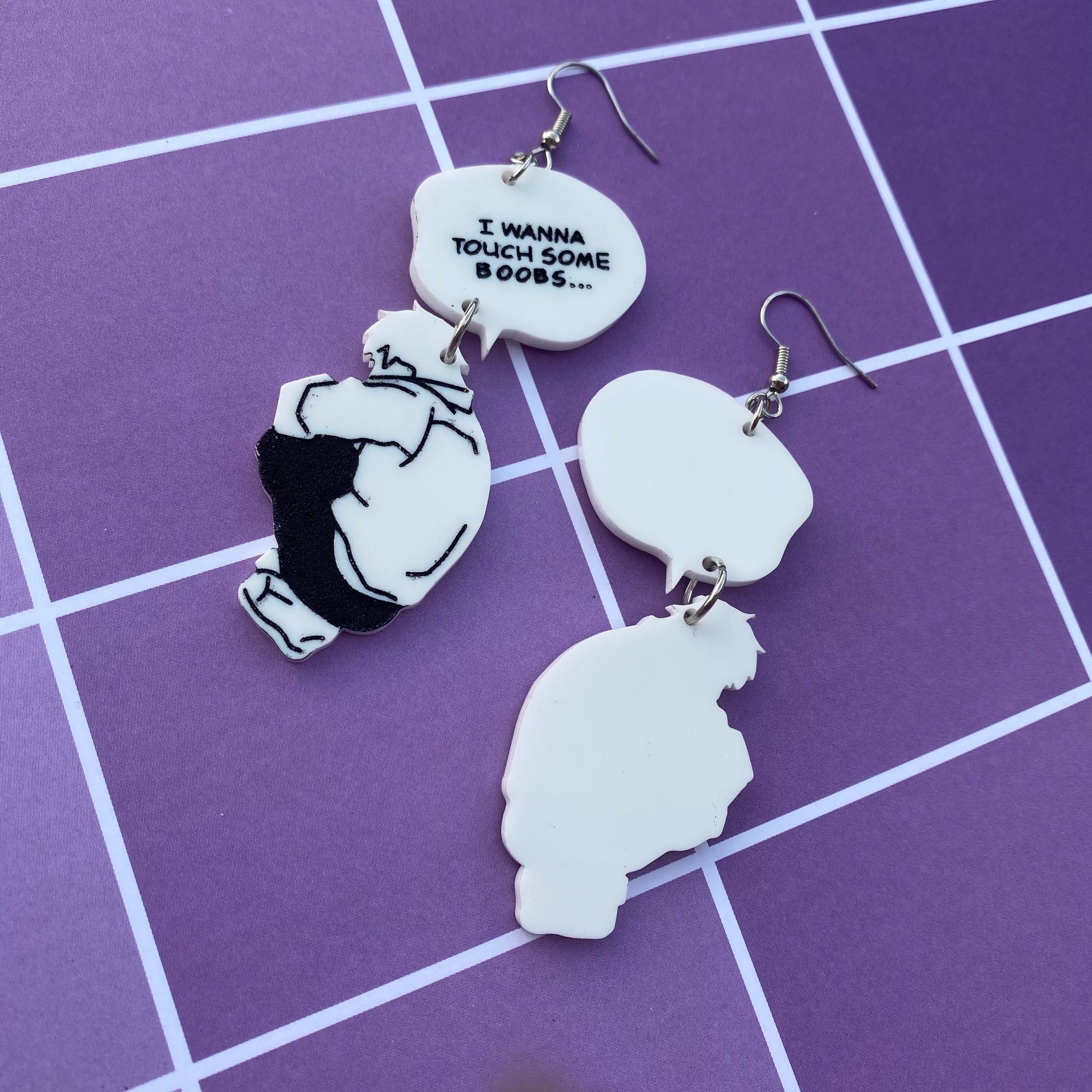 I just wanna touch some boobs….” Chainsaw Man Inspired Acrylic Earrin –  EXOLANSIS