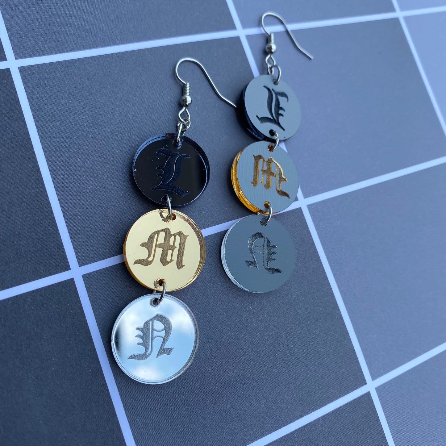 Chain of Letters L, M, N Mirrored Acrylic Earrings