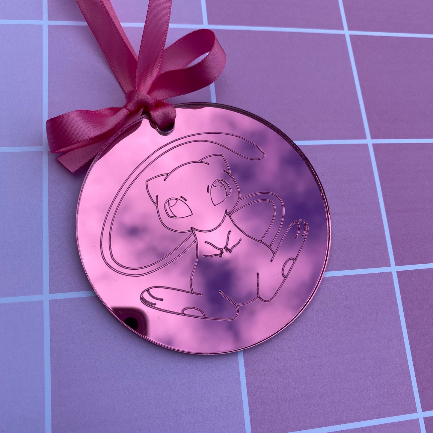 Mew in Pink Bubble Mirrored Acrylic Ornament