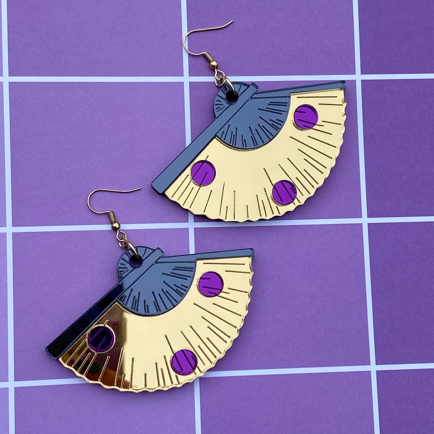 Golden Fan Mirror Acrylic Earrings