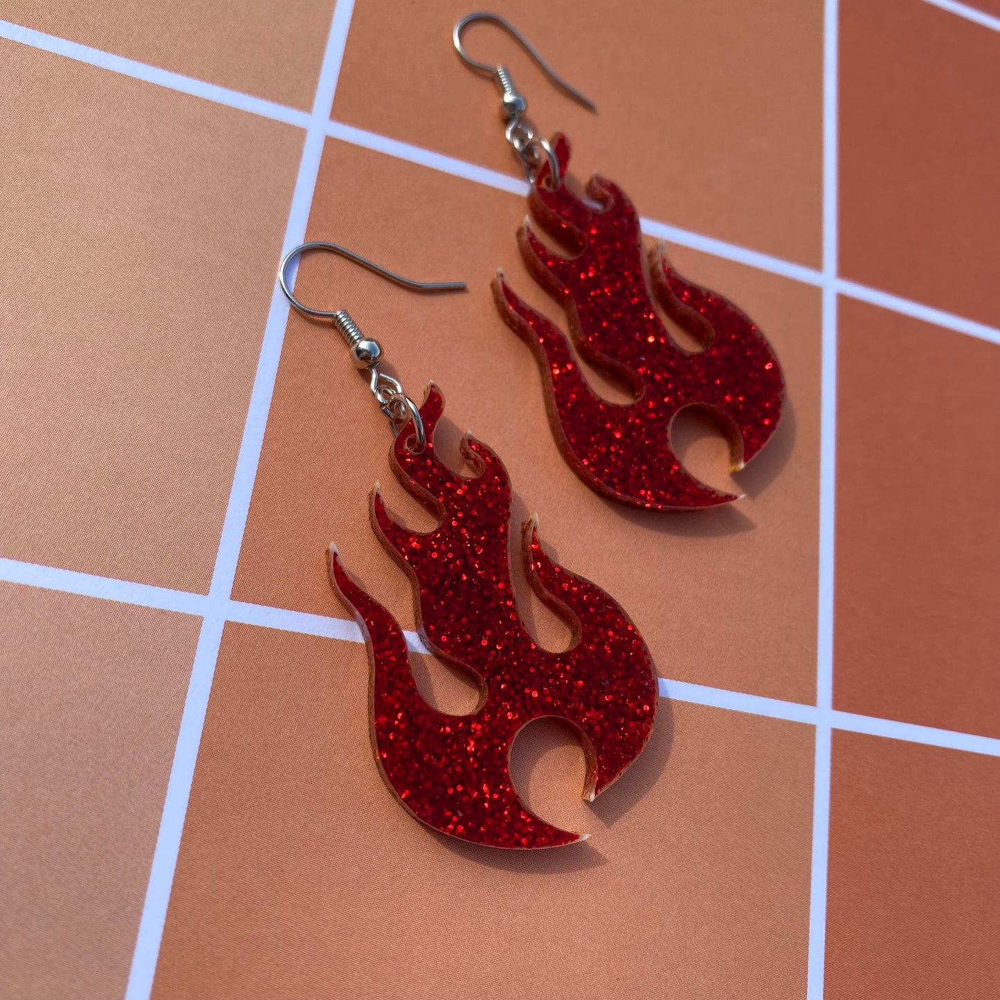 Red Flame Glitter Acrylic Earrings