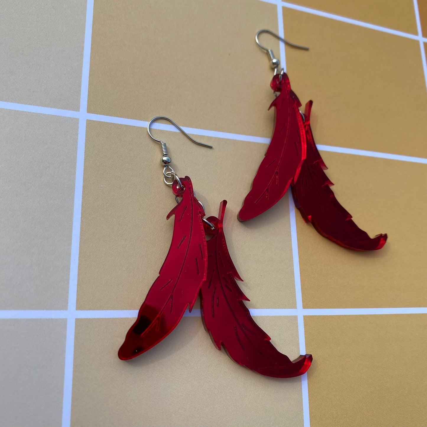 Mirrored Red Hawks Feathers Acrylic Earrings