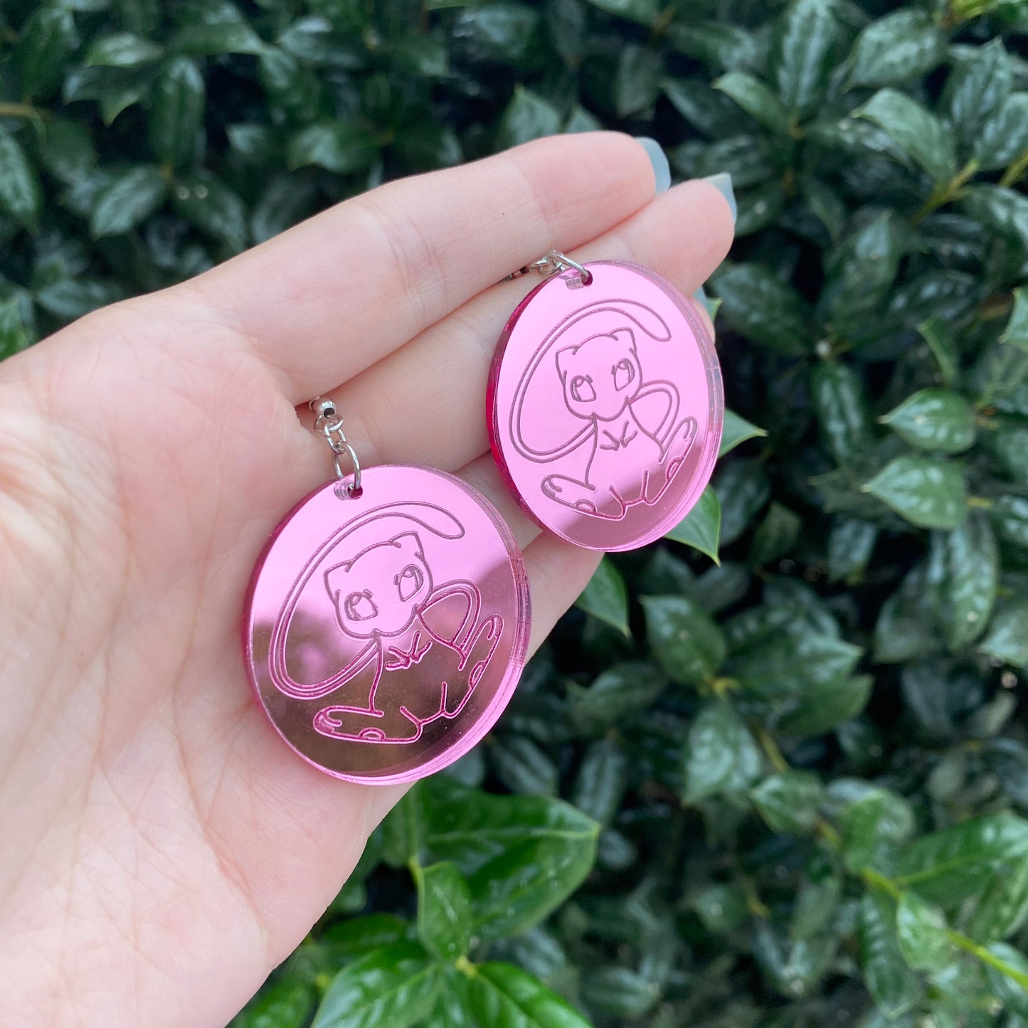Pink Mew in Bubble Mirror Acrylic Earrings
