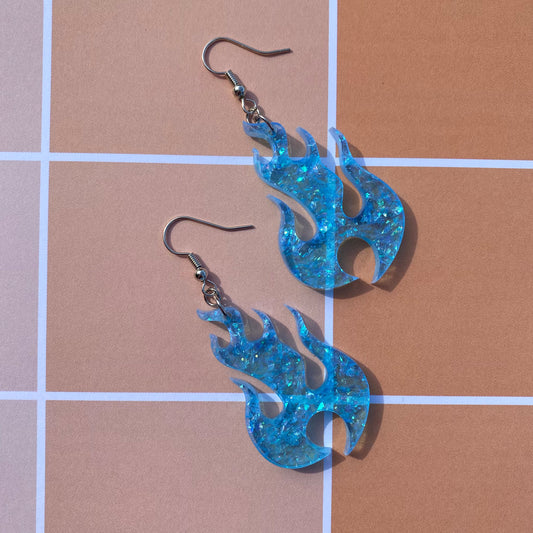 Blue Flame Glitter Acrylic Earrings