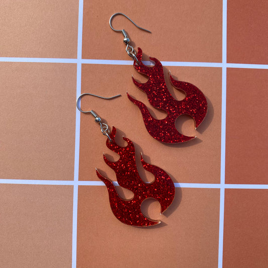 Red Flame Glitter Acrylic Earrings