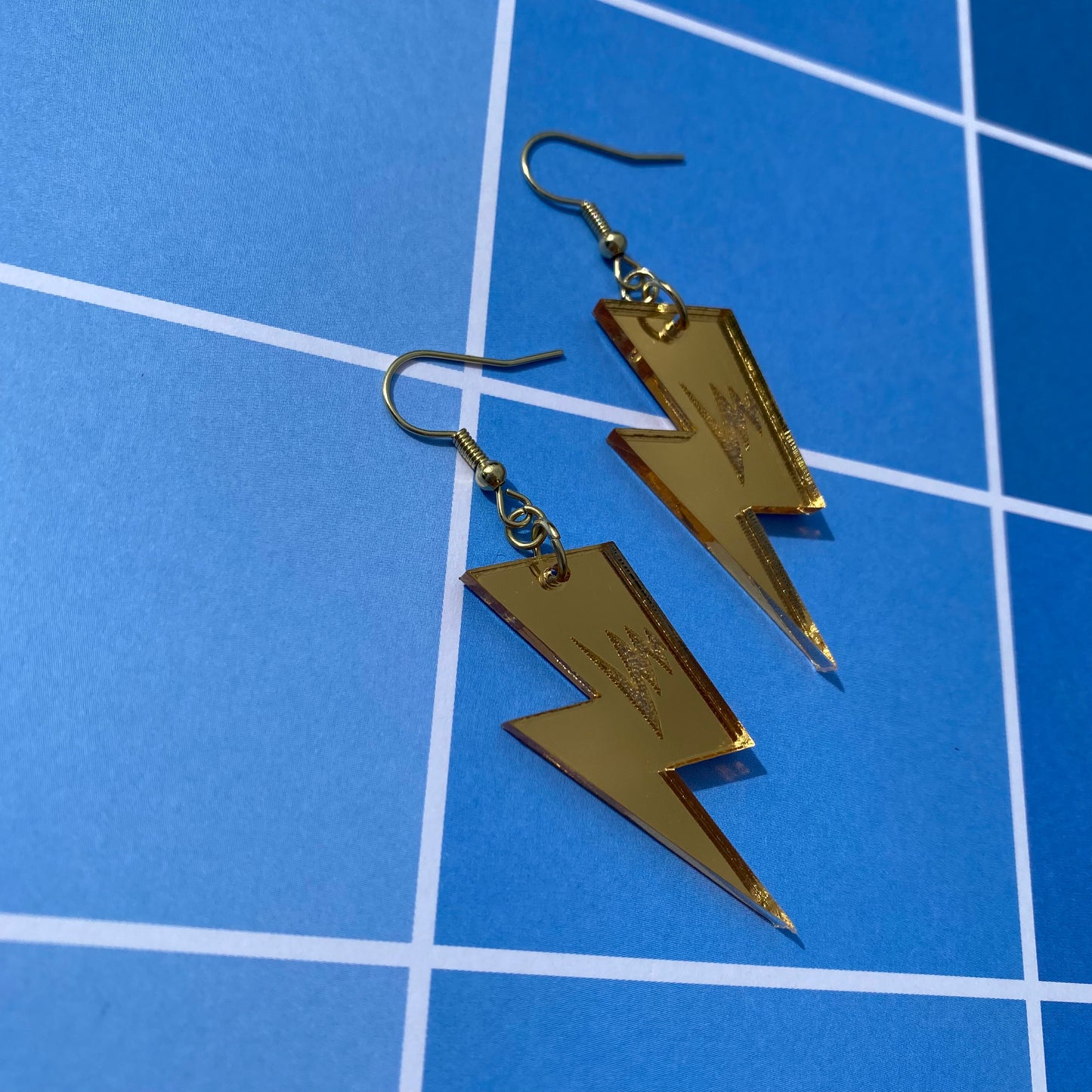 Lightning Bolt Denki Inspired Gold Mirror Acrylic Earrings